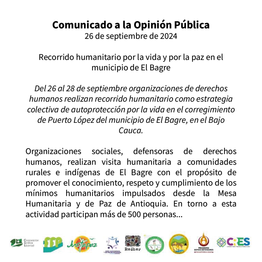 Comunicado a la Opinión Pública. Recorrido humanitario por la vida y por la paz en el municipio de El Bagre